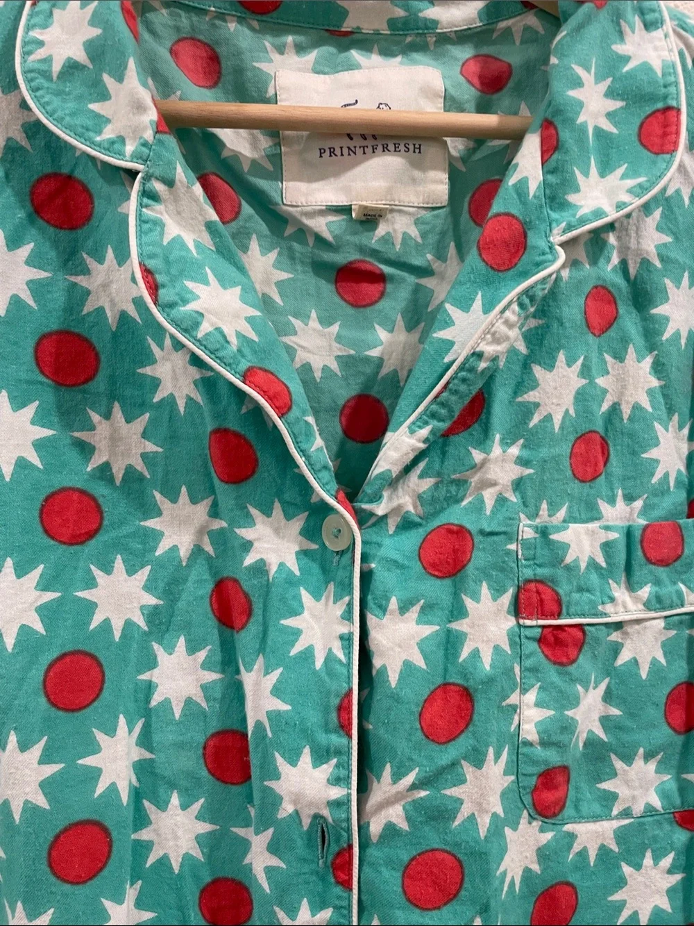 PrintFresh Matching Pajama Set Blue Star & Red Dot Button-Up Shirt Pants XL
